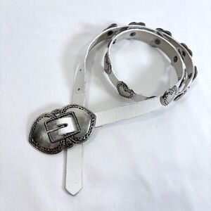 VTG White Leather Belt Silver Heart Conchos Western Buckle Valentine